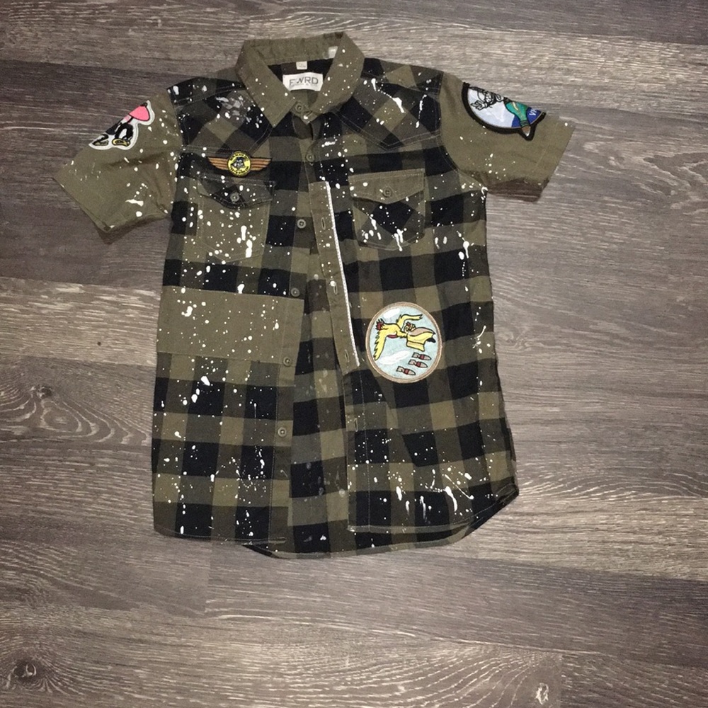 Men’s Flannel white paint splatter and patches